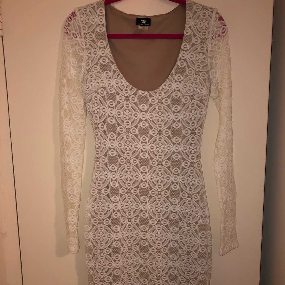 White lace, long sleeved midi dress